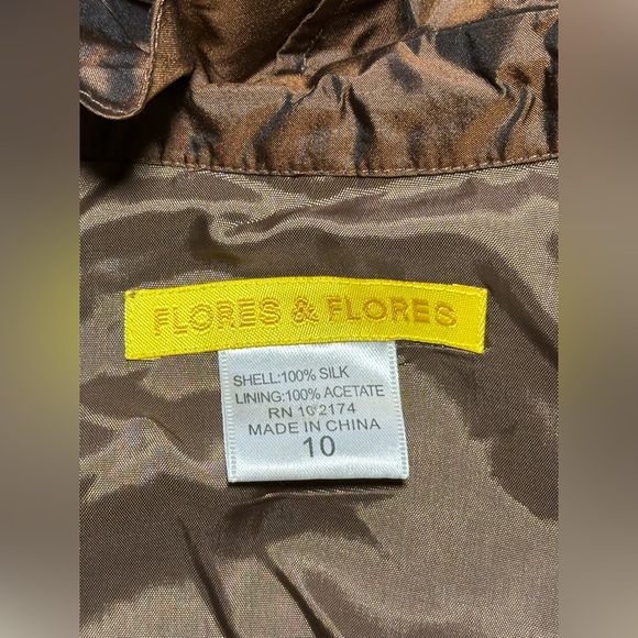 Flores & Flores Silk Dress with Belt and Ruffles Brown size 10 - Picture 5 of 7